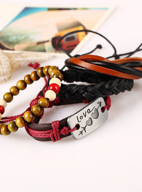 欧美风简约复古编织牛皮手链一箭穿心真皮手链情侣饰品多层套装