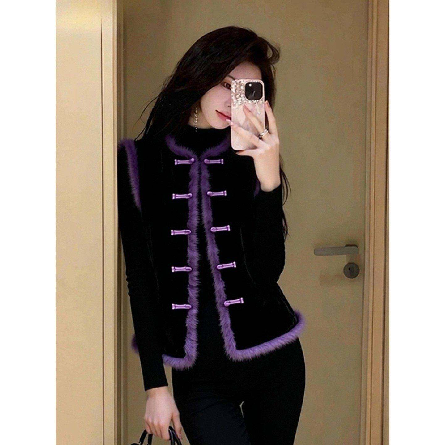 今年流行新中式国风复古上衣女冬新款小个子时髦洋气紫色丝绒马甲,淘宝优惠券,粉丝福利购,淘宝优惠卷