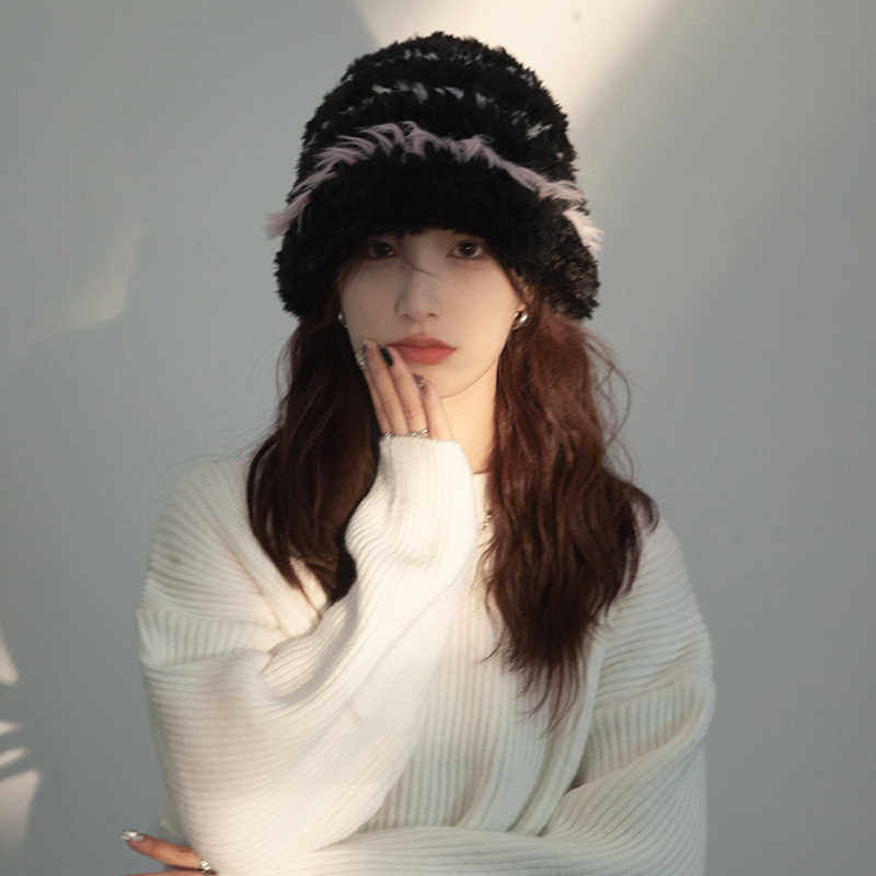 日系毛绒渔夫帽子女秋冬季显脸小彩色兔毛针织帽大头围保暖毛线帽