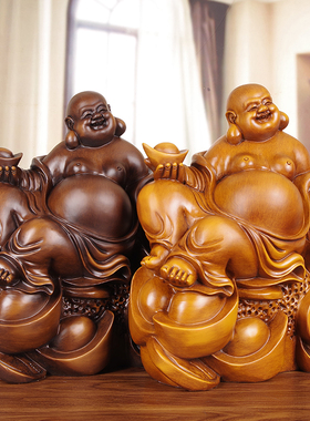 弥勒佛实木雕刻招财开业前台元宝