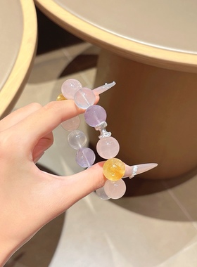 天然粉水晶黄胶花奶白晶水晶手链女款15mm时尚百搭礼物送女友闺蜜