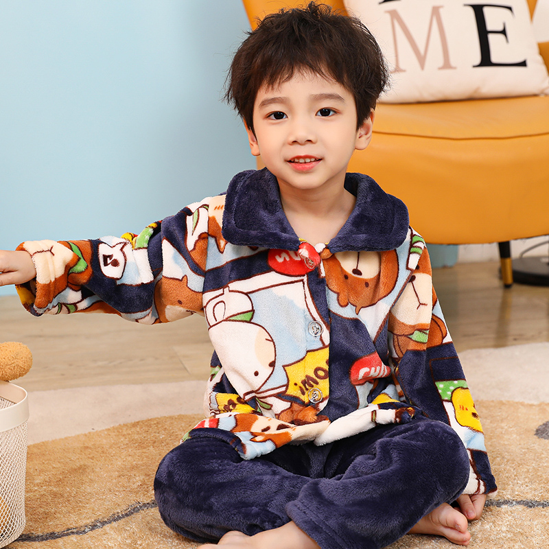 秋冬季新款儿童睡衣加厚保暖法兰绒中大童男女孩家居服珊瑚绒套装