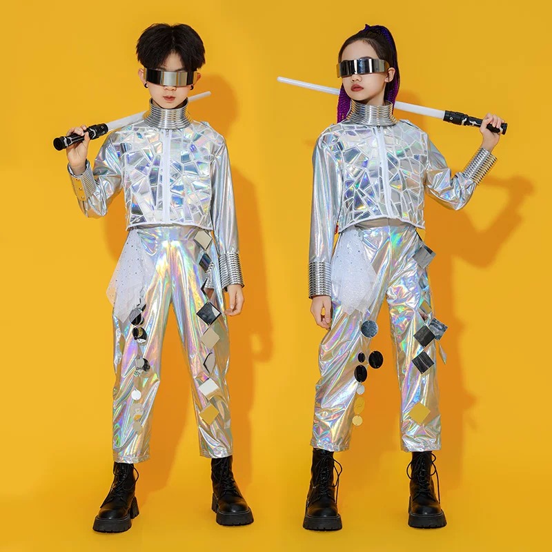 科技感儿童宇宙镭射服机器人舞蹈套装潮流未来走秀银色男女演出服 - 图0