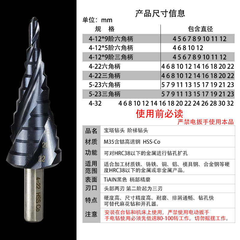 含钴三刃阶梯钻头台阶螺旋塔形4-22不锈钢铝合金模具钢薄钢板扩孔 - 图2