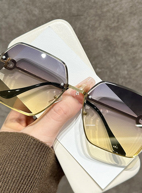 2026欧美时尚无框切边防紫外线网红墨镜女大框复古渐变片太阳眼镜