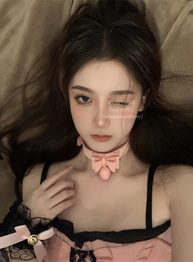网红辣妹铃铛项圈女皮质蝴蝶结纯欲项链ins饰品玩具牵引绳COS工具