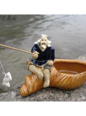 陶瓷钓鱼翁姜大公摆件假山盆景水族鱼缸上水石头流水喷泉装饰摆件