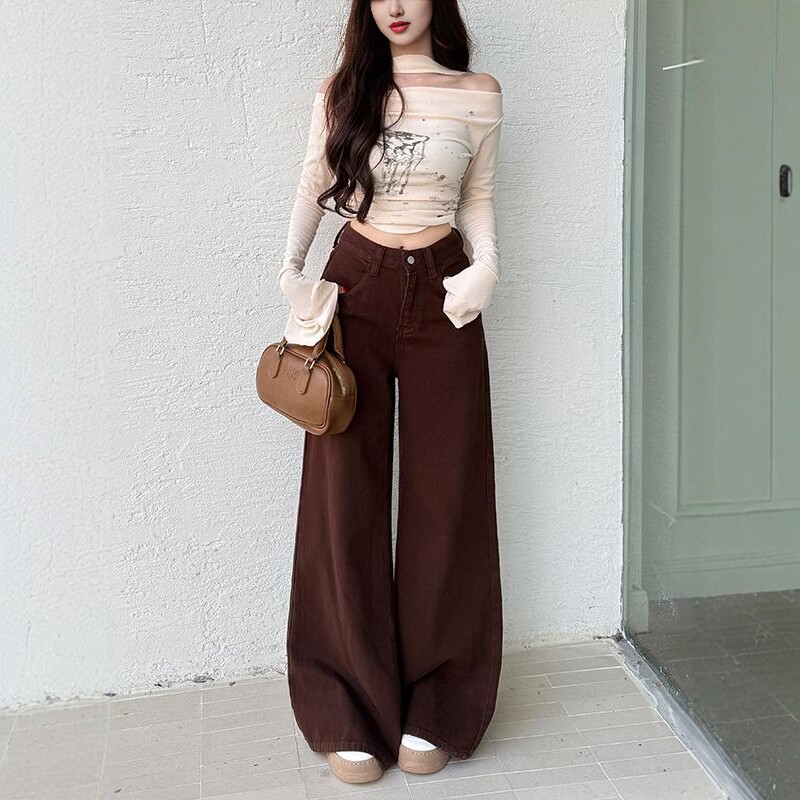 李李服饰港风咖色阔腿牛仔裤女2025秋季新款高腰宽松显瘦拖地裤