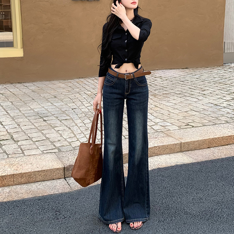 李李服饰加绒低腰不贴腿知性百搭微喇牛仔裤女2025冬季新款拖地裤 - 图0