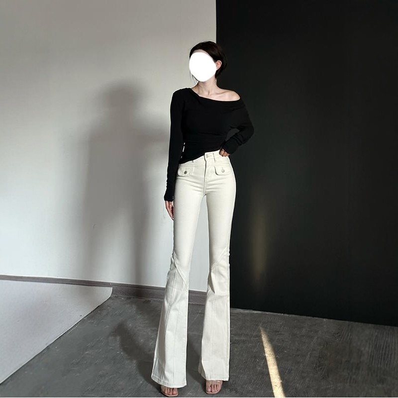 李李服饰米白色高腰微喇加绒牛仔裤女2025年冬季新款显腿长修身裤 - 图0