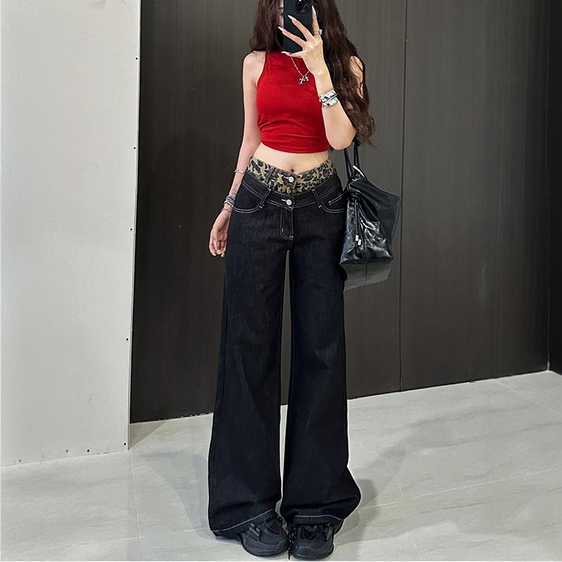 李李服饰美式高街豹纹拼接阔腿牛仔裤女2025秋季假两件宽松长裤子 - 图3