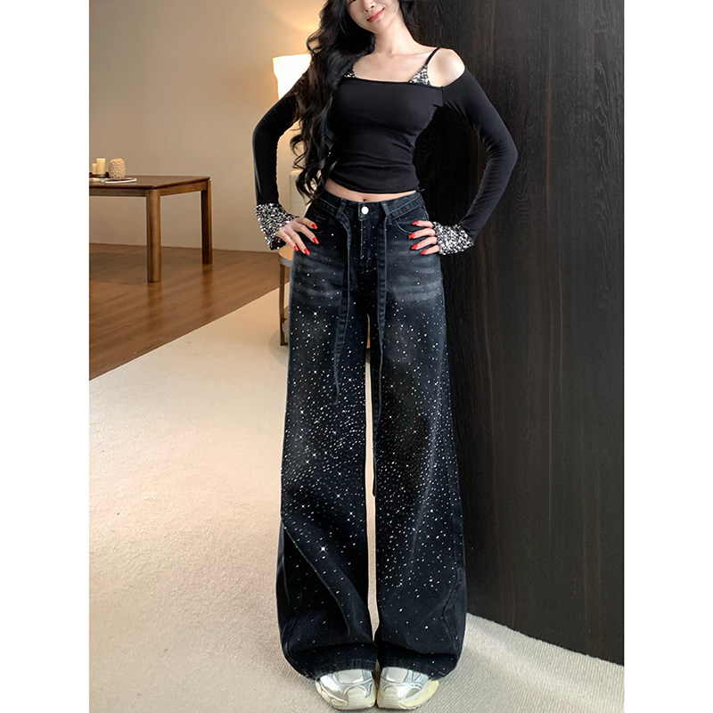 李李服饰碎落星河重工烫钻阔腿牛仔裤女2026冬季加绒高显瘦堆堆裤,淘宝优惠券,粉丝福利购,淘宝优惠卷