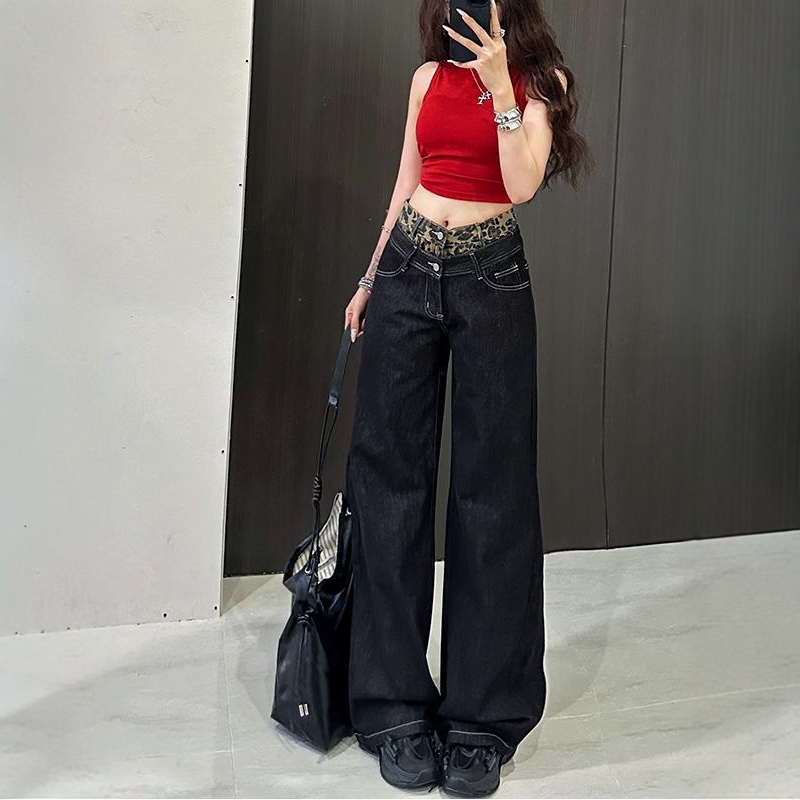 李李服饰美式高街豹纹拼接阔腿牛仔裤女2025秋季假两件宽松长裤子 - 图1