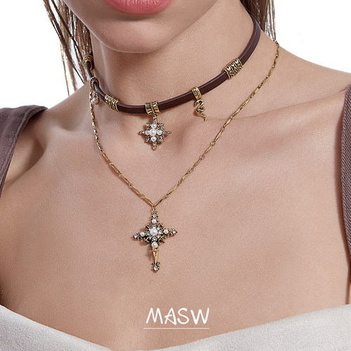 MASW麻秀原创设计怀旧系列甜酷星芒十字项链美拉德皮质颈链毛衣链 - 图2