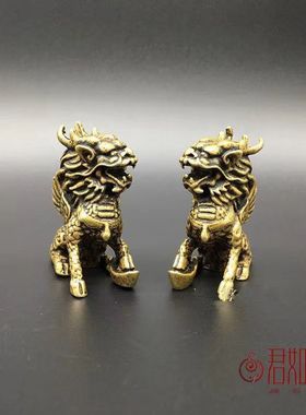 实心纯铜麒麟摆件一对招财