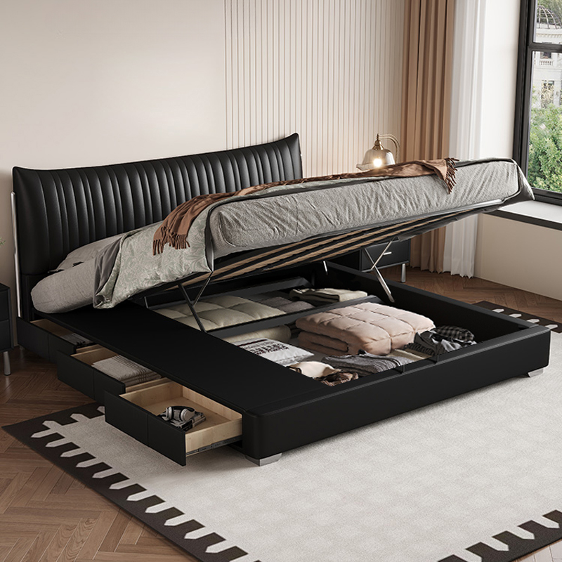 新款现代简约黑色真皮床意式极简双人床小户型主次卧大床1米8床 - 图1