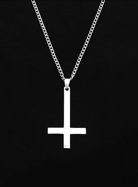 黑色白色倒十字架isn项链男女个性白金简约白柳钛钢吊坠男生配饰