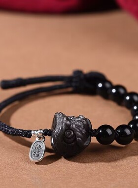 天然银曜石小醒狮手链国潮风复古纯银男女手绳编织好运配饰可调节