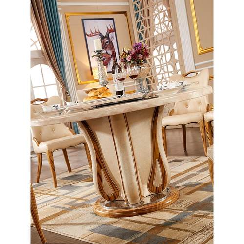 欧式大理石圆桌餐桌北欧浅米黄色别墅餐桌椅组合带转盘家用圆饭桌 - 图3