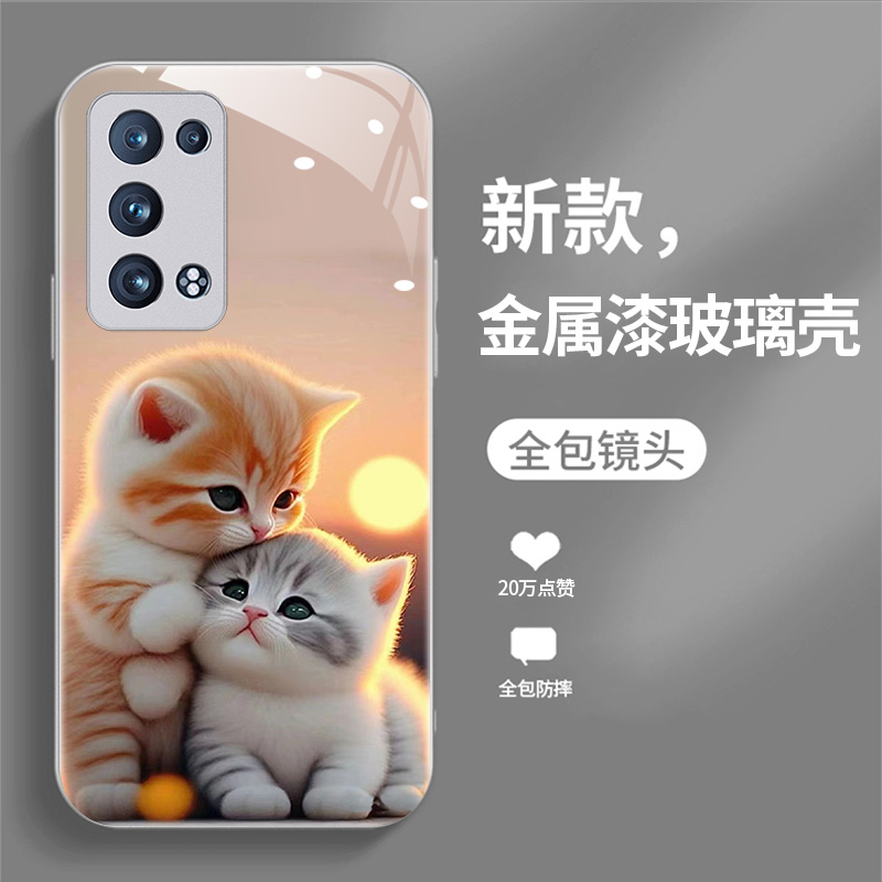 适用于opporeno6pro+手机壳reno6pro新款软边液态玻璃壳PENM00男女情侣潮Ren06pr0加卡通可爱猫咪潮opop全包 - 图2