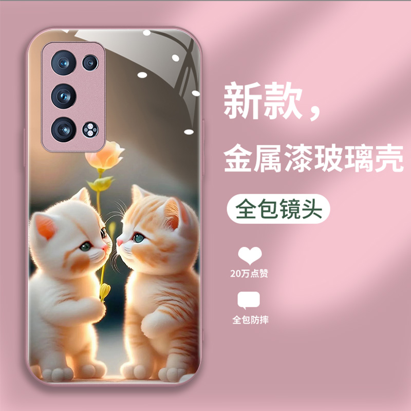 适用于opporeno6pro+手机壳reno6pro新款软边液态玻璃壳PENM00男女情侣潮Ren06pr0加卡通可爱猫咪潮opop全包 - 图0