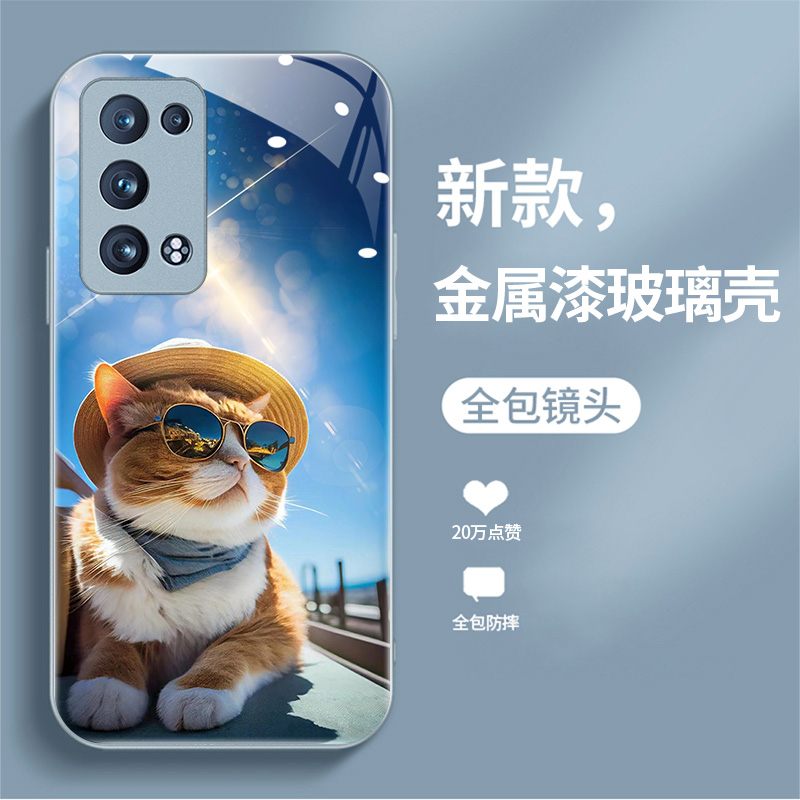 适用于opporeno6pro+手机壳reno6pro新款软边液态玻璃壳PENM00男女情侣潮Ren06pr0加卡通可爱猫咪潮opop全包 - 图1