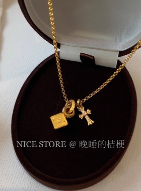 晚睡的桔梗「耀眼」沙金几何方块十字架骰子项链吊坠女轻奢毛衣链