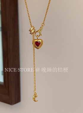 晚睡的桔梗「露比」 vintager复古爱心月亮项链独特轻奢锁骨链