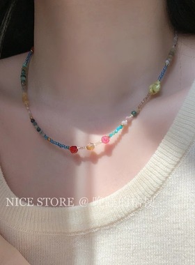 晚睡的桔梗I复古天然石串珠项链