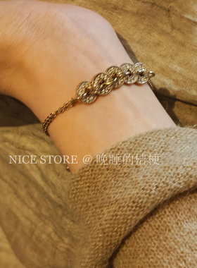 晚睡的桔梗「颖起」新中式咖啡金五帝钱手链典雅叠戴复古手饰女