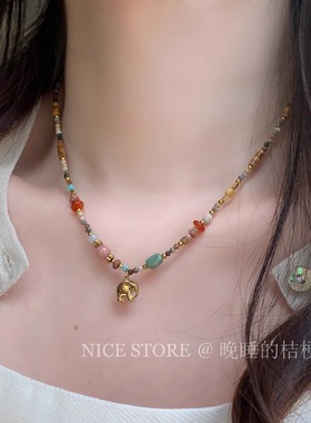 晚睡的桔梗「粉雾动物园」天然石中古小象新中式项链百搭毛衣链