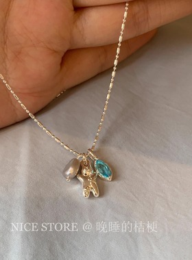 晚睡的桔梗I可爱小兔灰珍珠项链