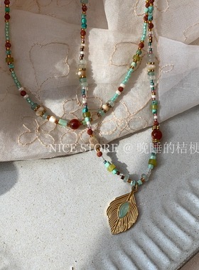 晚睡的桔梗I复古天然石串珠项链