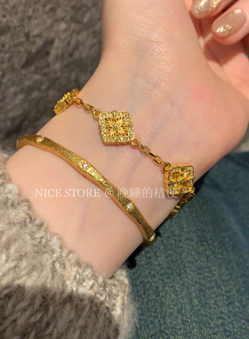 售完无补「幸运花」中古沙金镶钻四叶草手链幸运轻奢新中式手饰