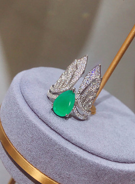 Tiktok新款欧美风复古仿真祖母绿开口戒指 创意天使之翼彩宝戒指