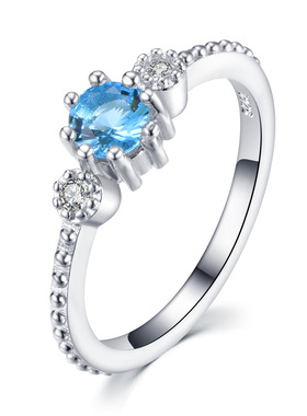 POLYSUTT热卖新款镀925银海蓝色锆石 镀18k黄金戒指 欧美求婚戒指