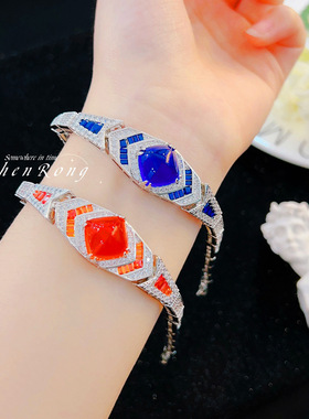 宝家气质芬达钻糖塔切工轻奢彩宝手链高碳钻祖母绿复古皇家蓝钻女