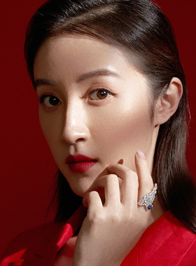 抖音直播仿天然坦桑石彩宝套装 满钻天使之翼开口戒指不对称耳钉