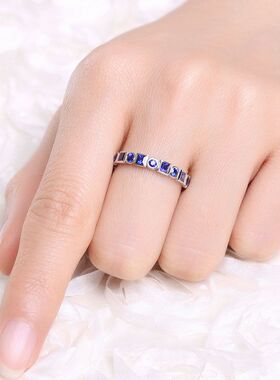 POLYSUTT新款简约排钻仿天然蓝宝石戒指 欧美女彩宝开口订婚戒指