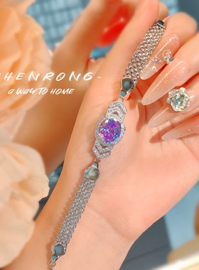 法式时尚高碳钻手链个性百搭彩钻鸟巢切锆石手链复古小众气质手饰