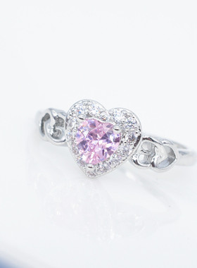 POLYSUTT时尚流行爱心形粉色锆石戒指白金银饰现货欧美女新鲜出炉