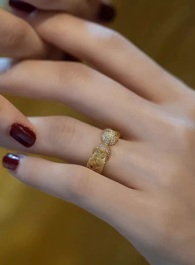 中古风拉丝蝴蝶结戒指复古金色蝴蝶编织钻戒轻奢小众设计指环饰品