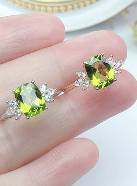 新款仿天然橄榄石戒指女小众设计清新简约黄绿色彩宝指环活口可调