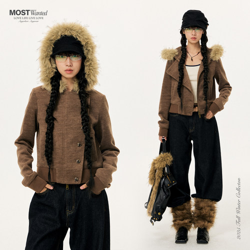 mostwanted脱卸毛领斜门襟纽扣毛呢夹克外套2025新款冬季外套女 - 图0