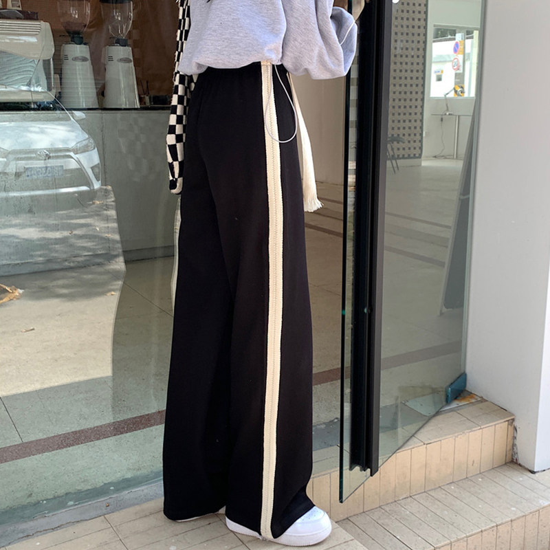 黑色抽绳运动冬加厚条纹直筒阔腿裤 樱米萱休闲裤