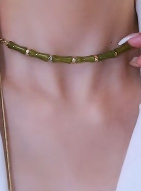 韩国绿色竹节可调节国风项链女高级感小众轻奢气质项链女2022新款