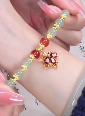 高级感红色镶钻枫叶手链女网红气质百搭小众设计感手链2022新款潮