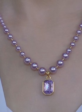 时尚紫色水晶方糖珠珠项链女网红爆款小众设计感简约时尚洋气项链