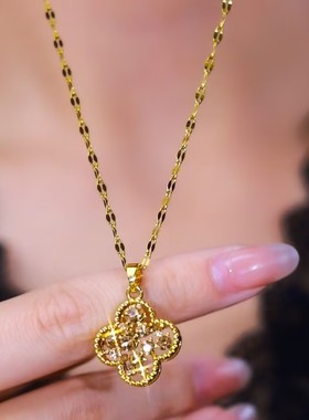 新款时尚金色四叶花项链女网红爆款轻奢气质百搭小众设计感项链女