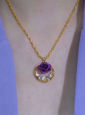 港风紫罗兰玫瑰平安扣猫眼石项链